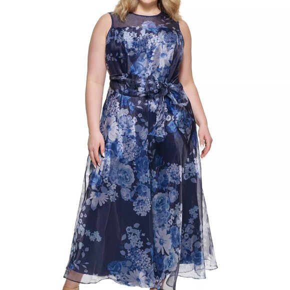 Eliza J 18W Plus Navy Floral Organza Wide-Leg Jumpsuit NWT - Picture 2 of 5